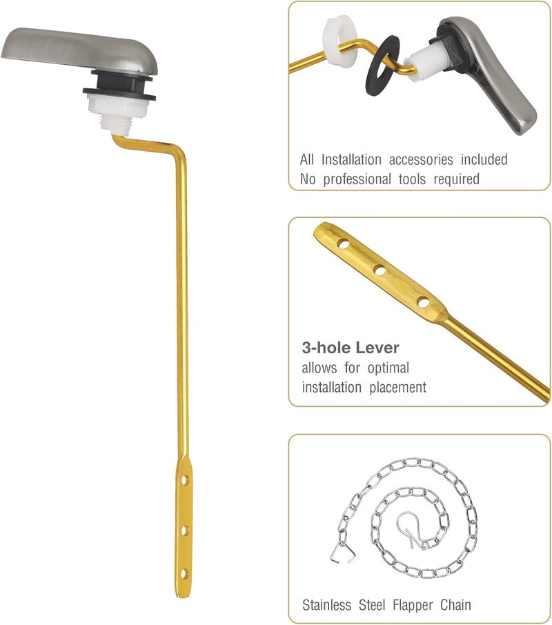 TJWODO Toilet Handle Replacement Kit - Side Mount Toilet Trip Levers with Seal Gasket and Nut, Stainless Steel Flapper Chains, Universal Replacement (Brushed Nickel) - Image 4